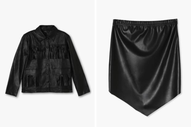 Brentwood Live: (Left) Fringe Faux Leather Jacket and (right) Pointed Hem PU Mini Skirt in black (Boohoo/Canva)
