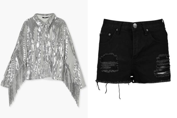 Brentwood Live: (Left) Sequin Fringe Detail Shirt and (right) Petite High Rise Distressed Denim Shorts (Boohoo/Canva)