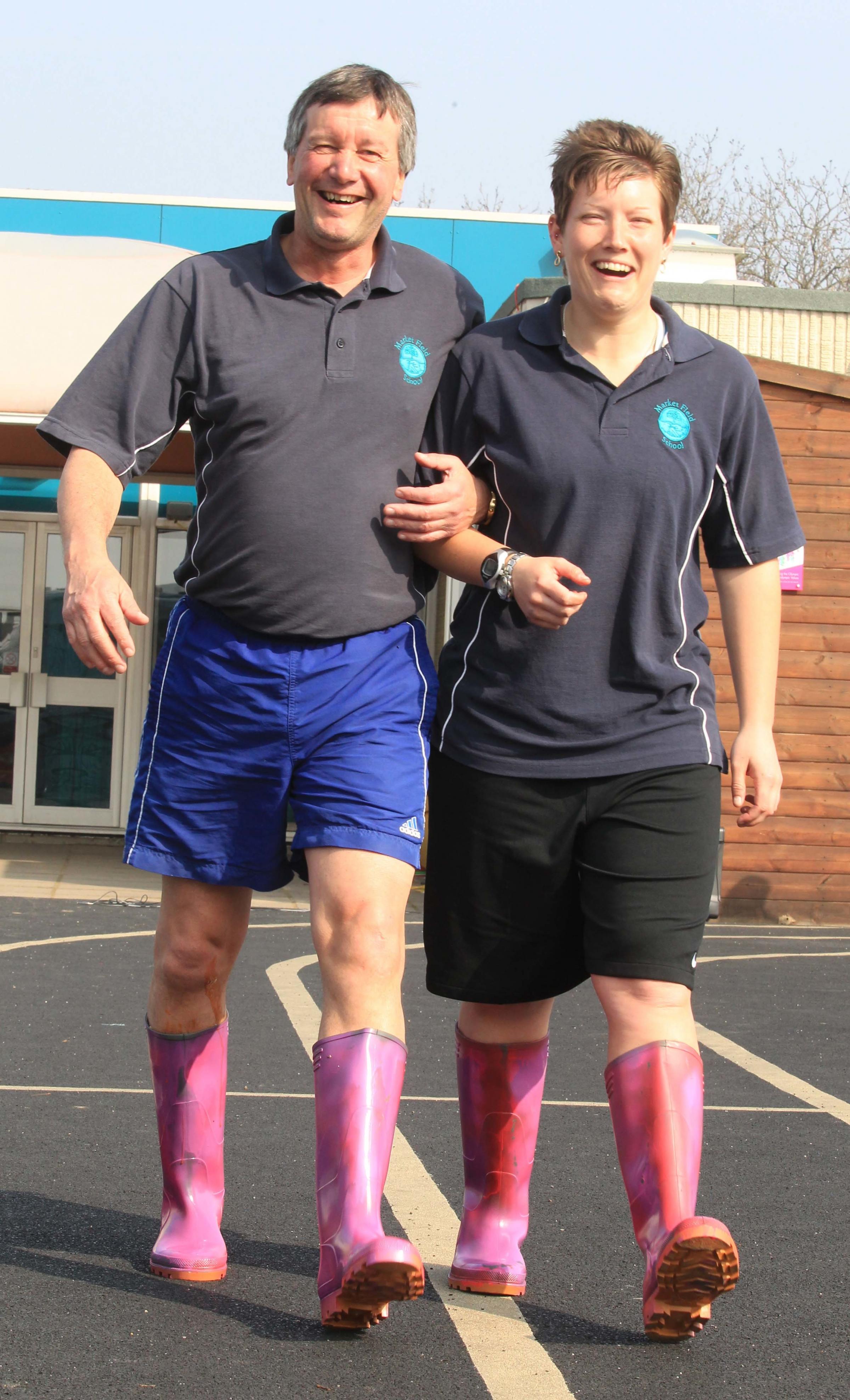 nigel brown Gary Smith, head teacher and Jamie Newstead , will be running the Sports Relief mile in wellies filled with baked beans, on Friday at Market Field School, School Road, Elmstead Market.